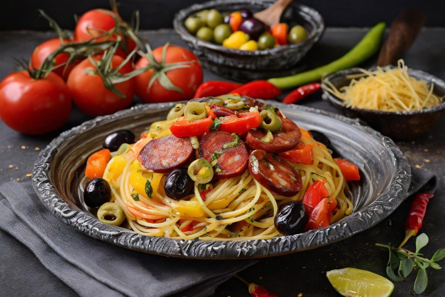 Spaghetti con salame a chorizo e verdure